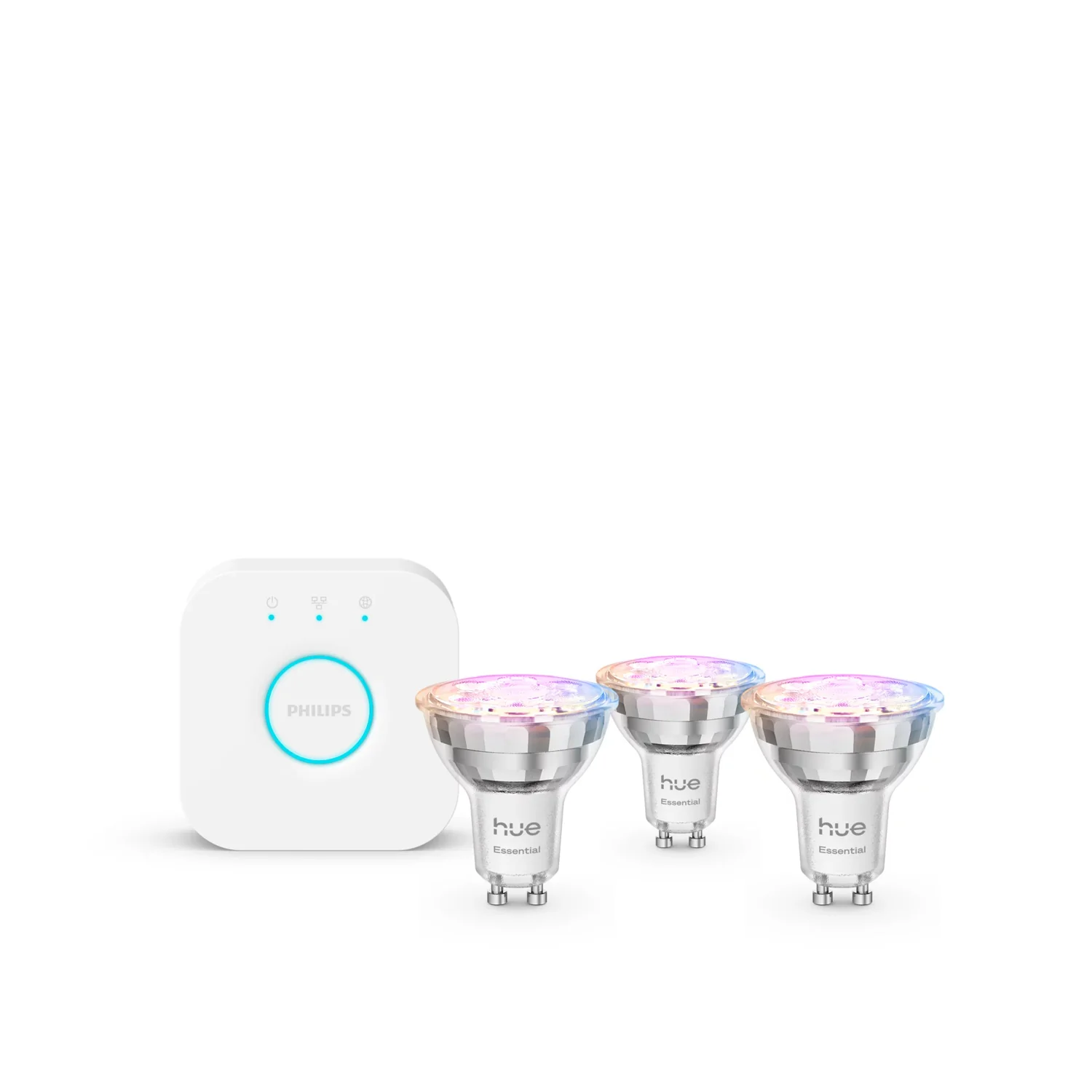 Lâmpadas Inteligentes LED Philips Hue White Color Ambiance GU10 Starter Kit (3un + Bridge)