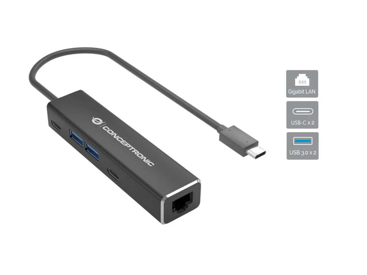 Adaptador de Rede Conceptronic ABBY13B USB-C Gigabit Ethernet com Hub USB 3.0 - Imagem 2