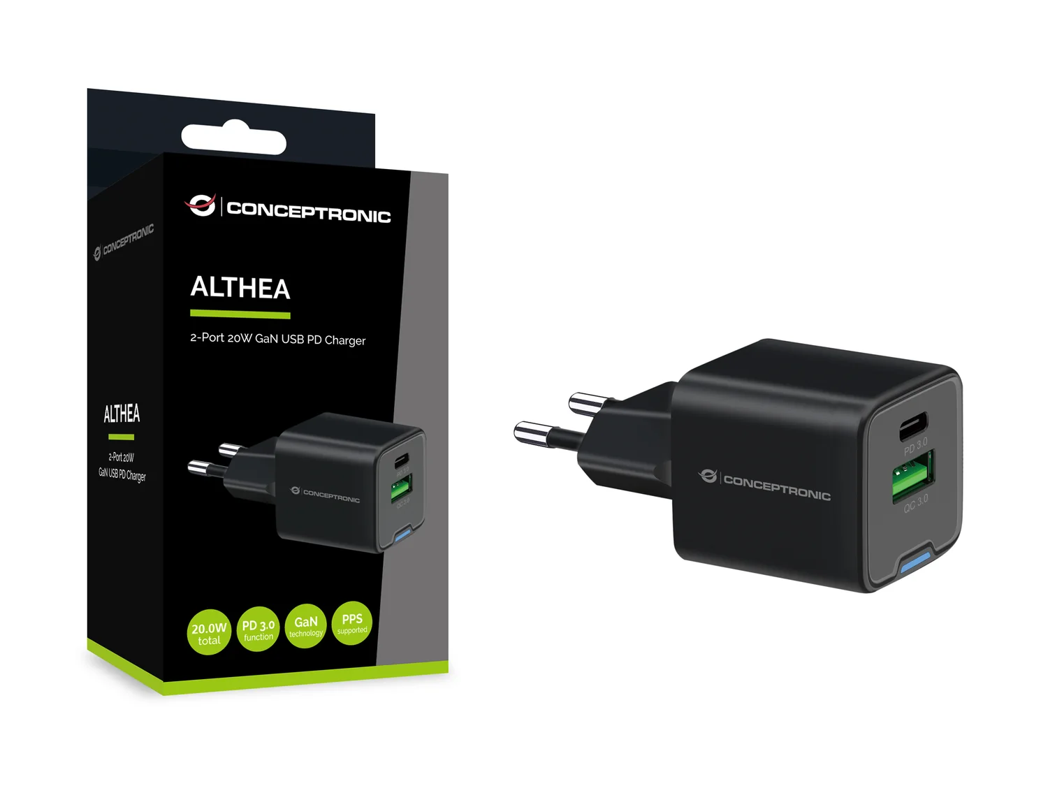 Carregador GaN 20W Conceptronic ALTHEA15B 2 Portas USB-C + USB-A com Quick Charge 3.0 Preto - Imagem 4