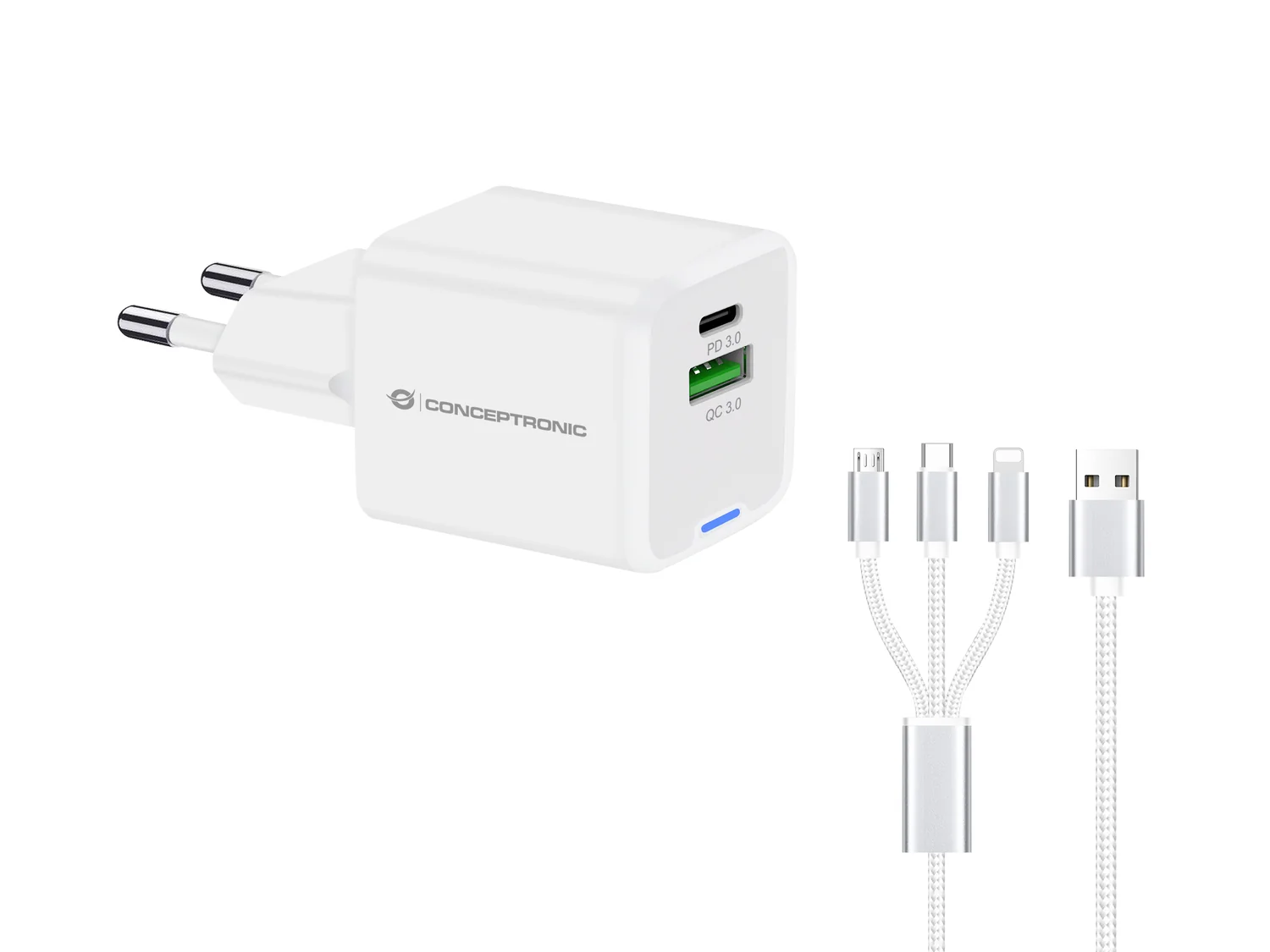 Carregador USB GaN Conceptronic ALTHEA16W 33W PD com cabo 3 em 1, USB-C e USB-A - Imagem 1