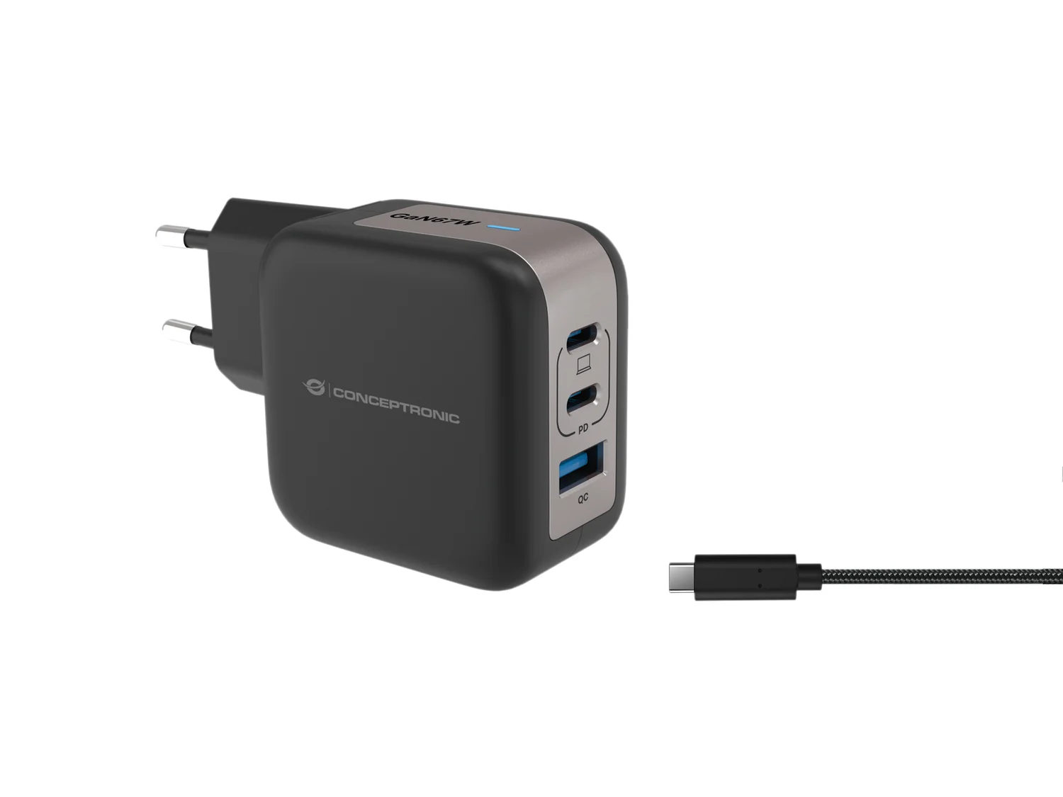 Carregador USB GaN Conceptronic ALTHEA17B 67W 3 Portas USB-C PD PPS Preto - Imagem 1