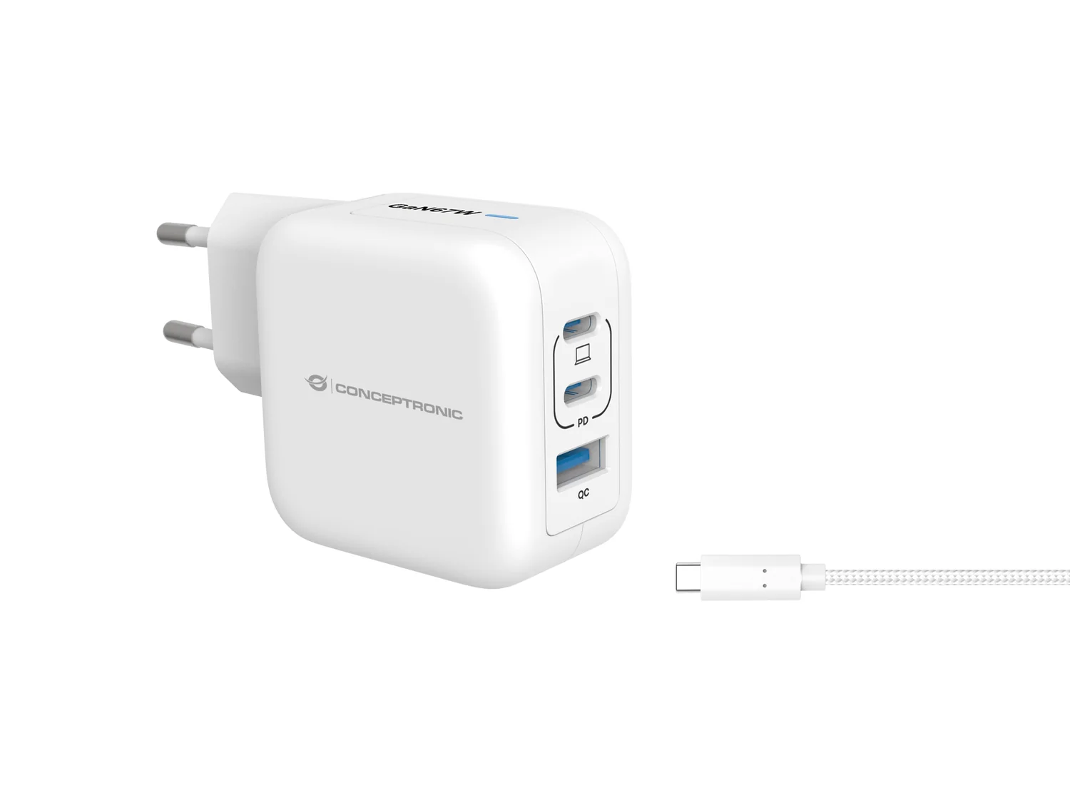Carregador USB GaN Conceptronic ALTHEA17W 67W 3 portas USB-C/USB-A PD 3.0 QC 3.0 - Imagem 1