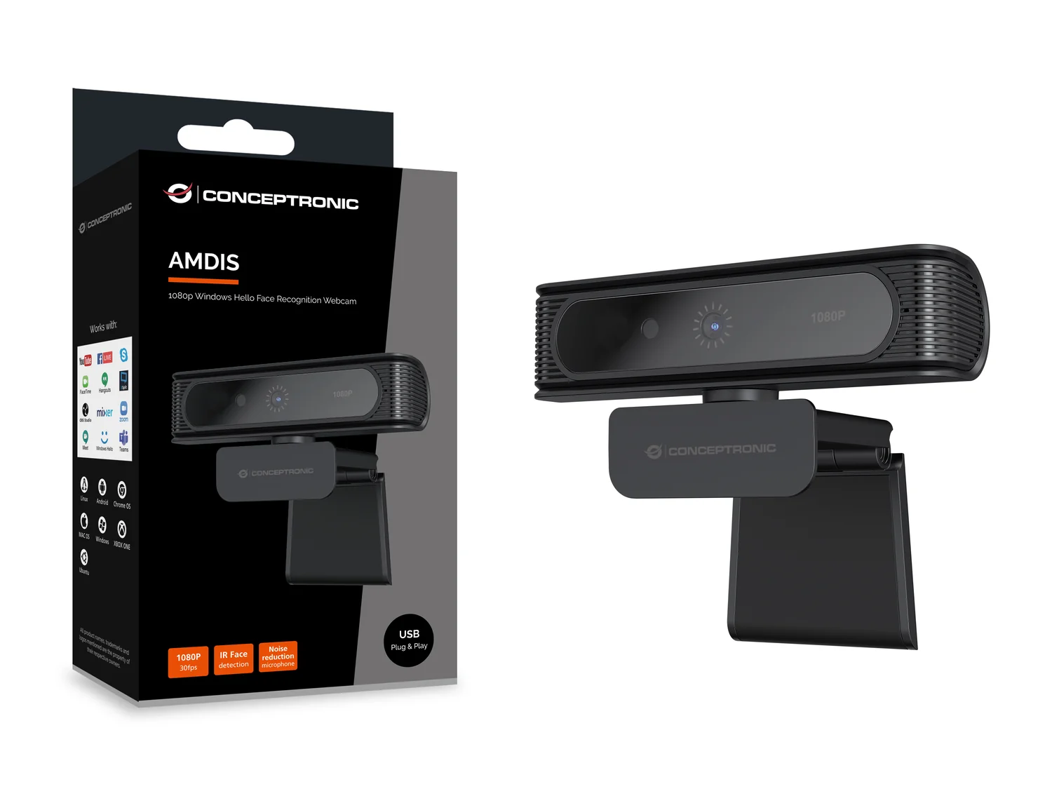 Webcam USB Conceptronic AMDIS09B Full HD 1080p, 2MP, Windows Hello, microfone, preta - Imagem 7