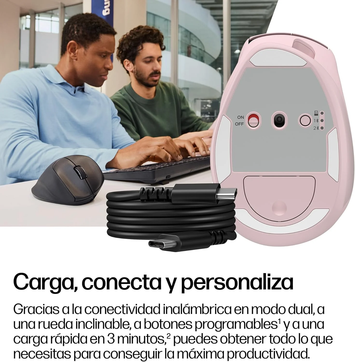Rato Ergonómico Sem Fios HP 720M Rosa 6000 DPI Bluetooth Recarregável - Imagem 5