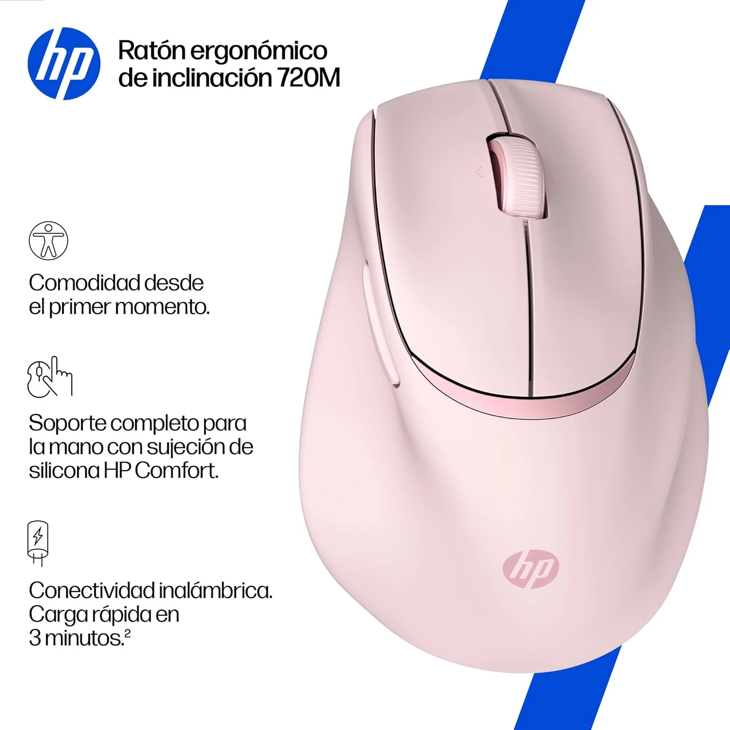 Rato Ergonómico Sem Fios HP 720M Rosa 6000 DPI Bluetooth Recarregável - Imagem 2