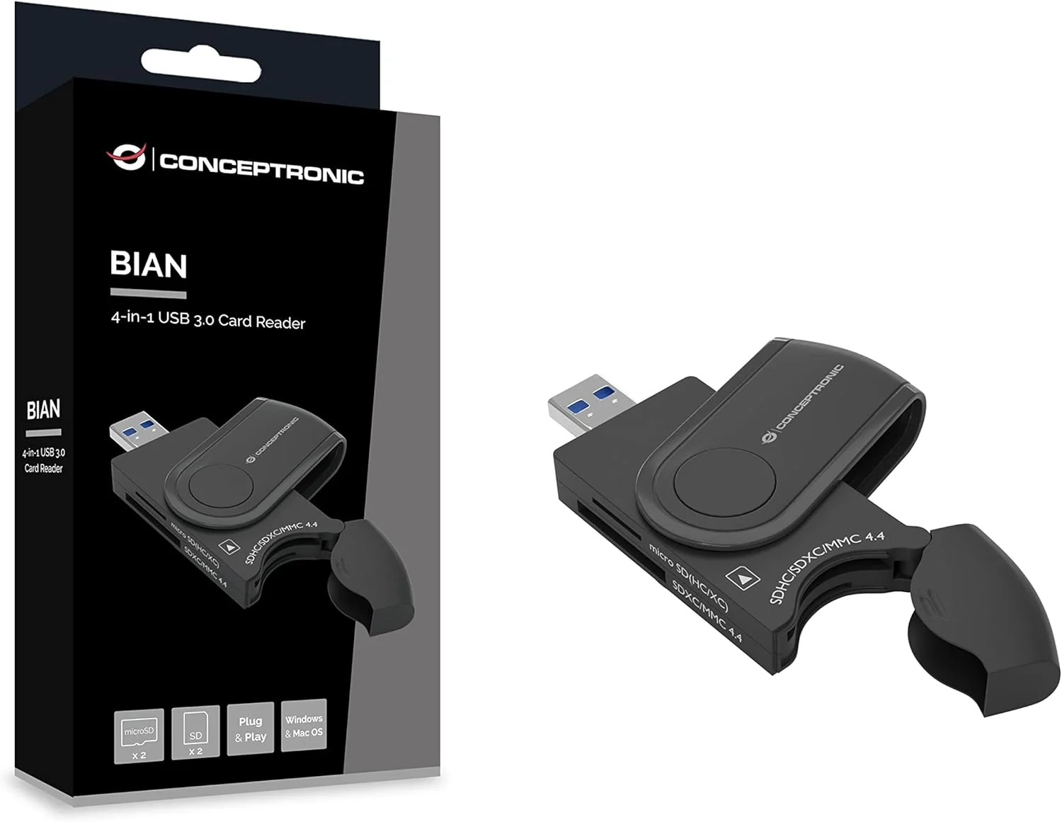 Leitor de Cartões USB 3.0 Conceptronic BIAN04B 4-em-1 SD SDHC SDXC MicroSD até 5000 Mbit/s Preto - Imagem 1