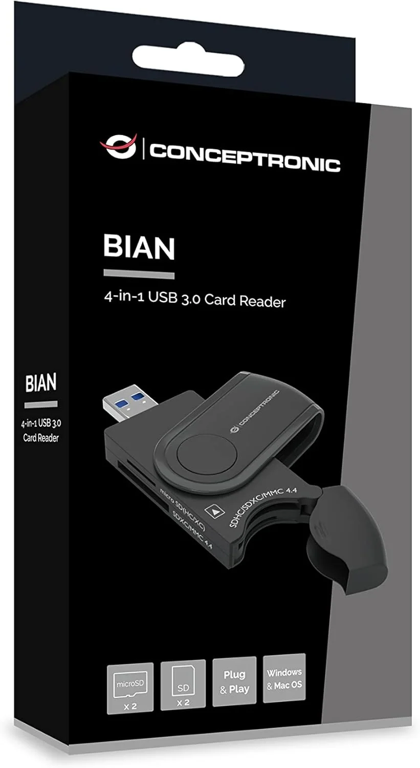 Leitor de Cartões USB 3.0 Conceptronic BIAN04B 4-em-1 SD SDHC SDXC MicroSD até 5000 Mbit/s Preto - Imagem 6