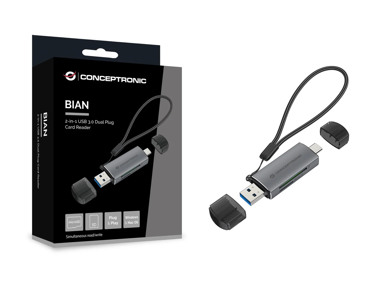 Leitor de Cartões USB 3.0 Conceptronic BIAN05G Dual Plug SD/MicroSD - Imagem 2