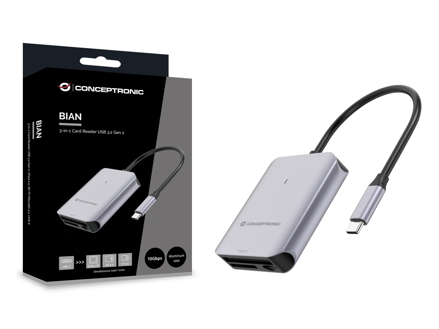 Leitor de Cartões Conceptronic BIAN09G USB 3.2 Gen 2 Type-C CFast 2.0 SD MicroSD UHS-II Cinzento - Imagem 4