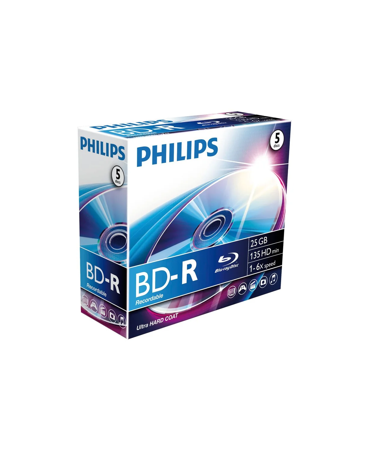 Disco Blu-ray Gravável Philips BD-R 25GB 6x Jewel Case — Pack 5 unidades