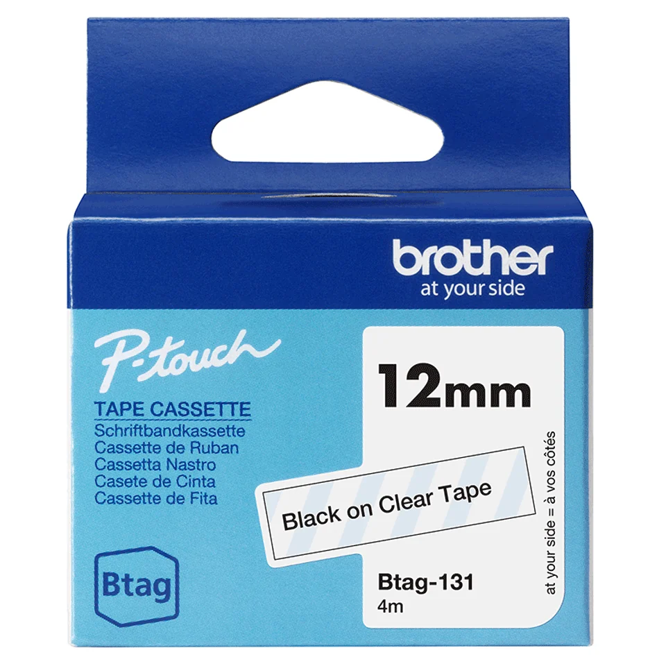 Fita rotuladora Brother BTAG-131 preto sobre transparente 12mm x 4m