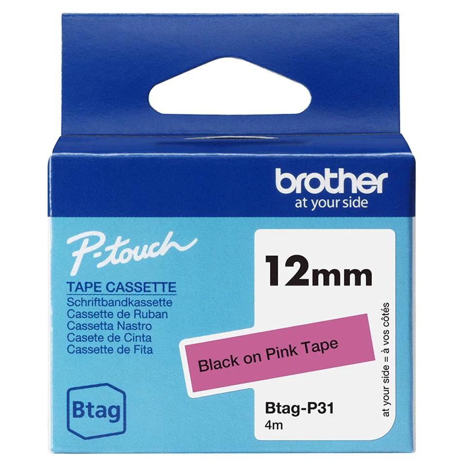Fita rotuladora Brother BTAG-P31 12mm preto sobre rosa 4m