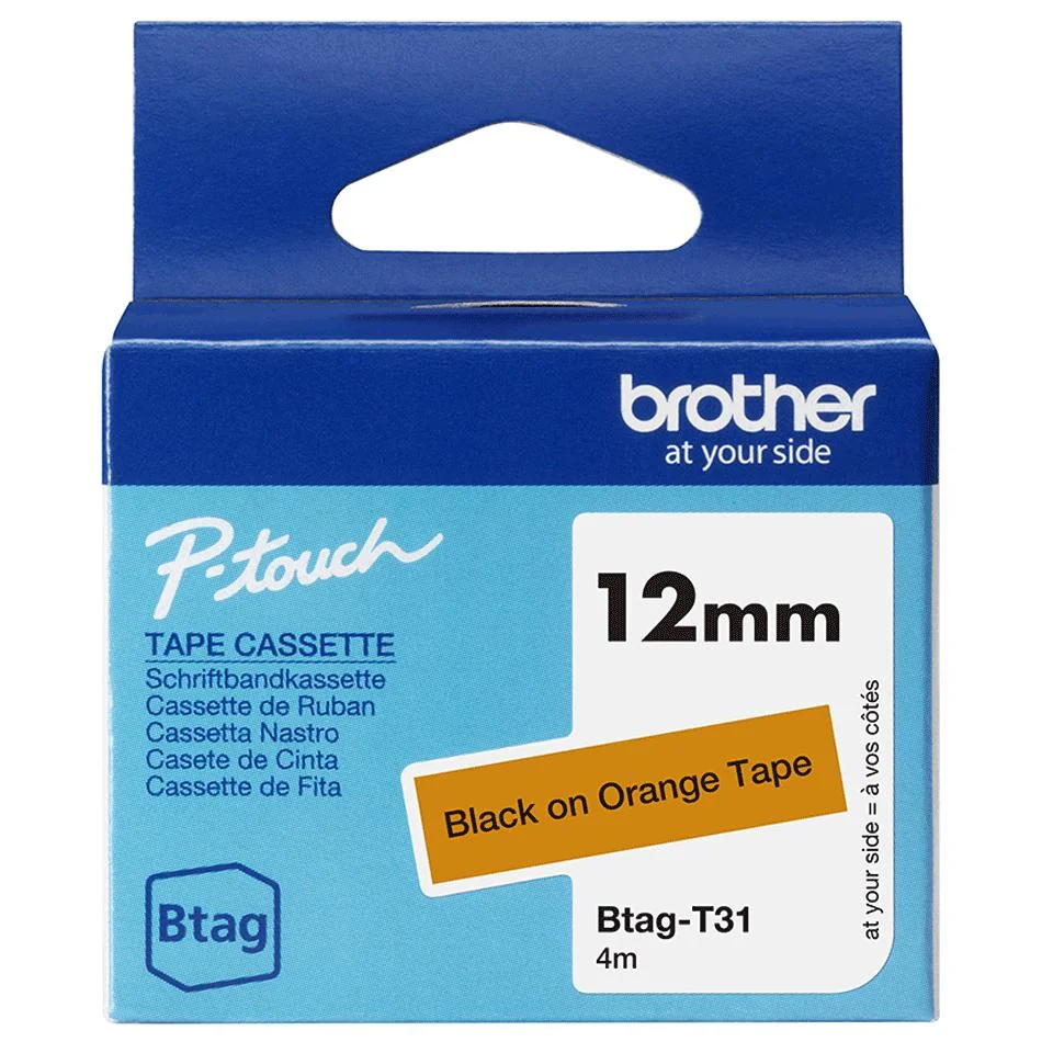 Fita rotuladora Brother Btag T31 12mm x 4m preto sobre laranja
