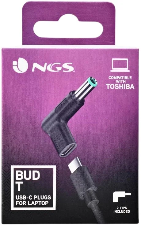 Adaptador de Carregamento NGS Bud-T USB-C para Portáteis Toshiba 2 Pontas Preto - Imagem 4