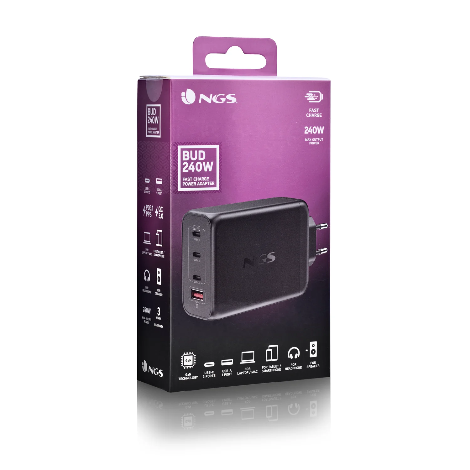 Carregador de Parede NGS BUD 240W GaN 4 Portas USB-C + USB-A Carregamento Rápido - Imagem 5