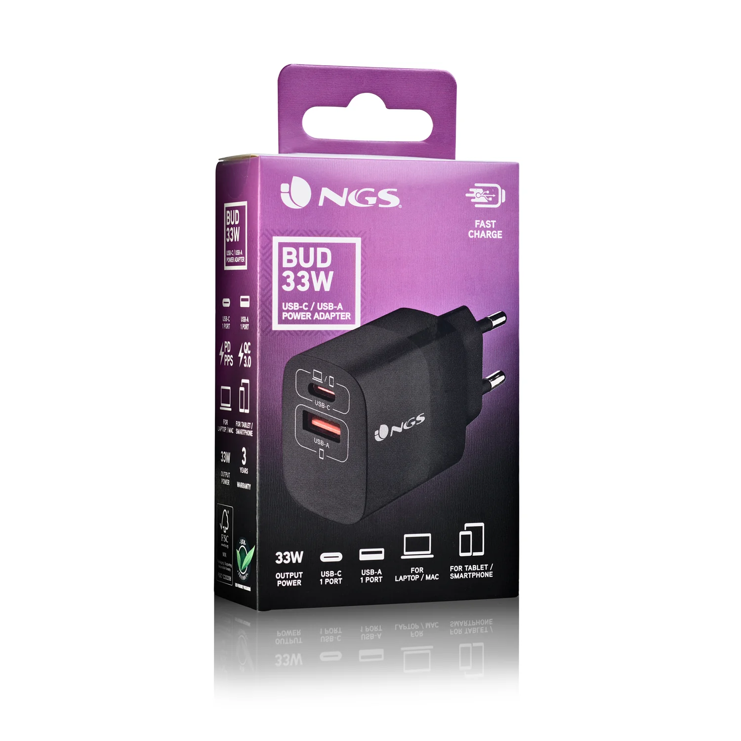 Carregador de Rede NGS 33W GaN USB-C e USB-A Quick Charge 3.0 Power Delivery Preto - Imagem 5