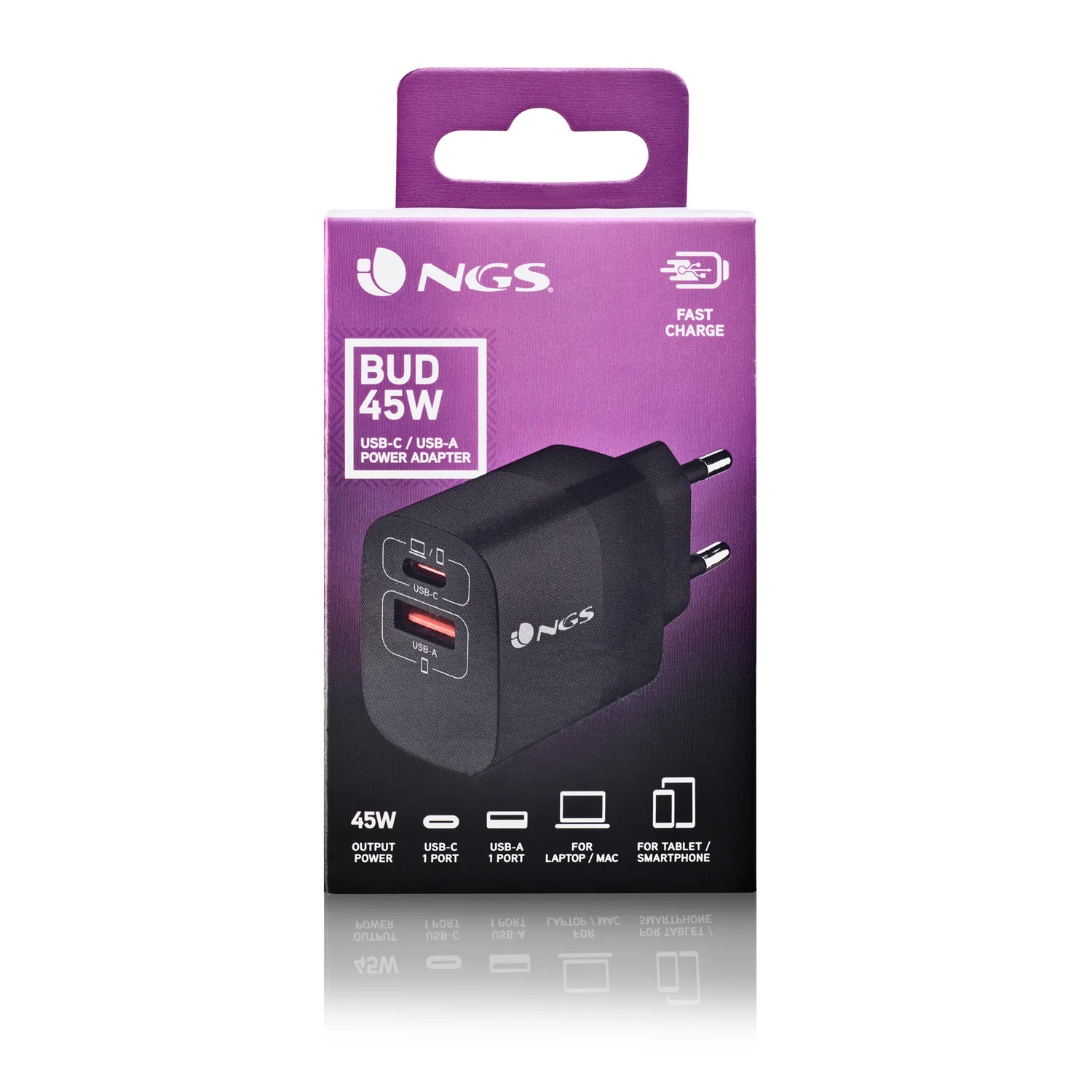 Carregador de Parede NGS BUD 45W GaN USB-C + USB-A Carregamento Rápido Compacto - Imagem 6