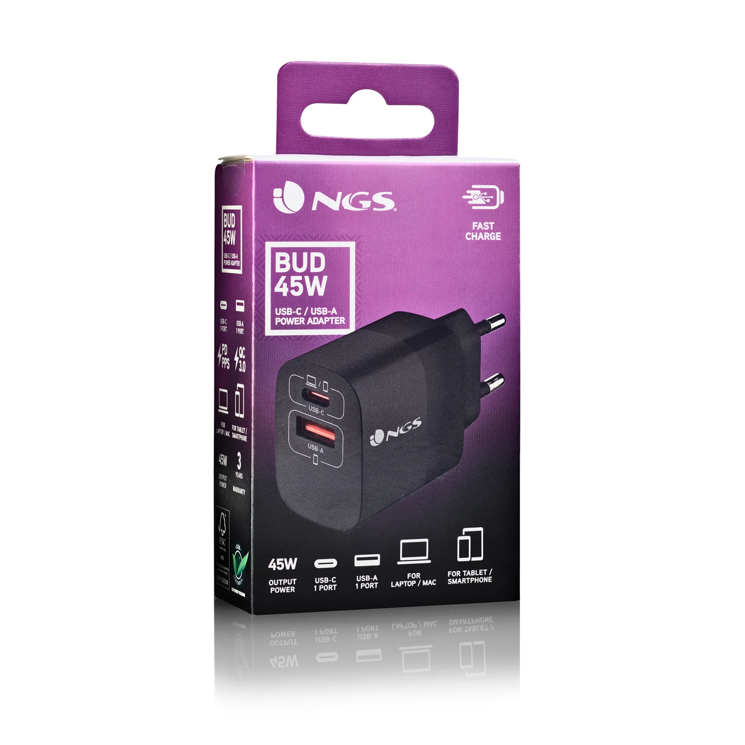 Carregador de Parede NGS BUD 45W GaN USB-C + USB-A Carregamento Rápido Compacto - Imagem 5
