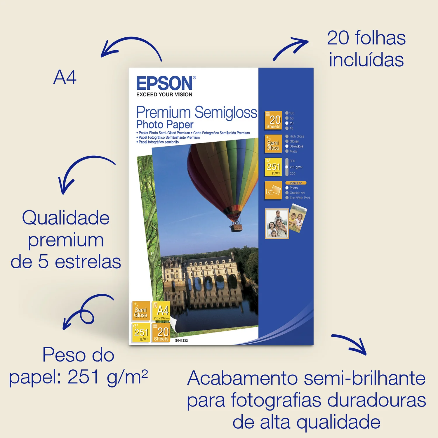 Papel fotográfico semibrilhante Epson Premium A4 251g/m² 20 folhas - Imagem 2