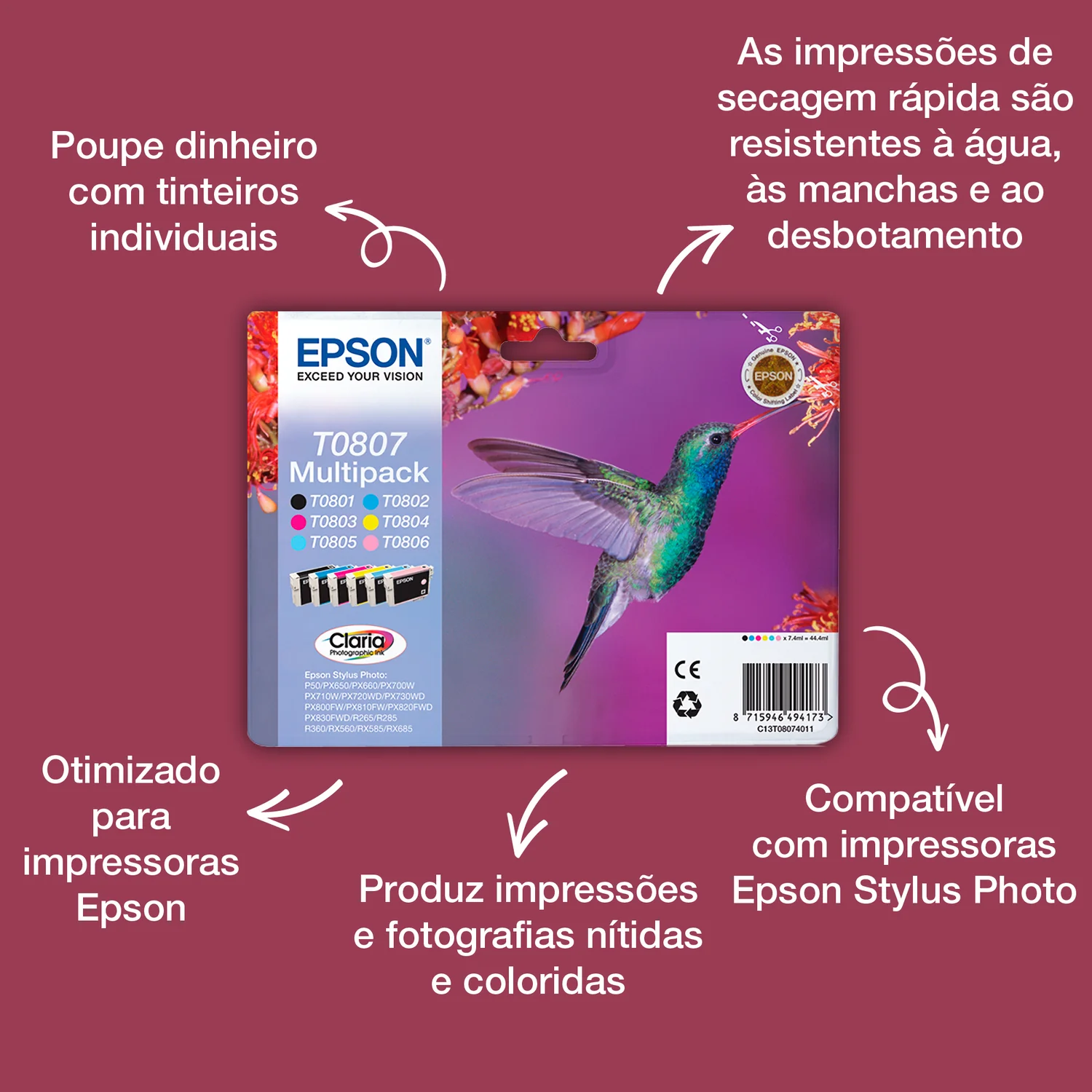 Tinteiro Epson T0806 Magenta Claro Claria Photographic Original Beija-Flor - Imagem 4