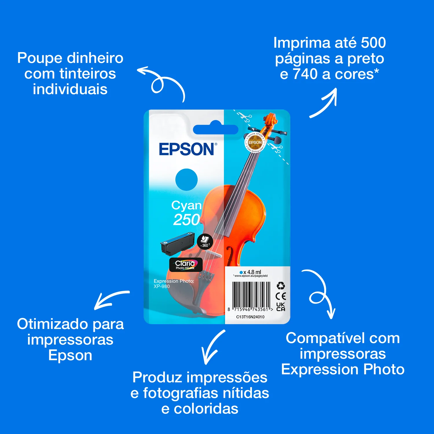 Tinteiro Epson 250 Ciano Claria Photo HD Violino Original - Imagem 2