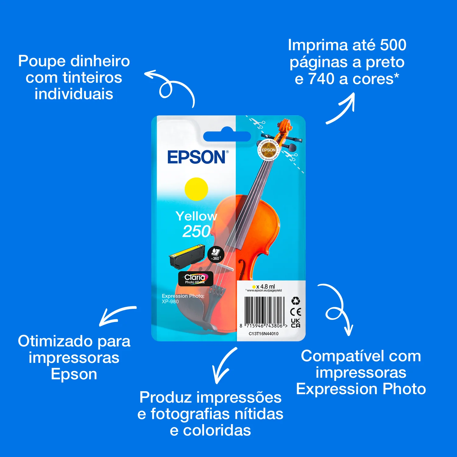 Tinteiro Epson 250 Violino Amarelo Singlepack Claria Photo HD Original - Imagem 2