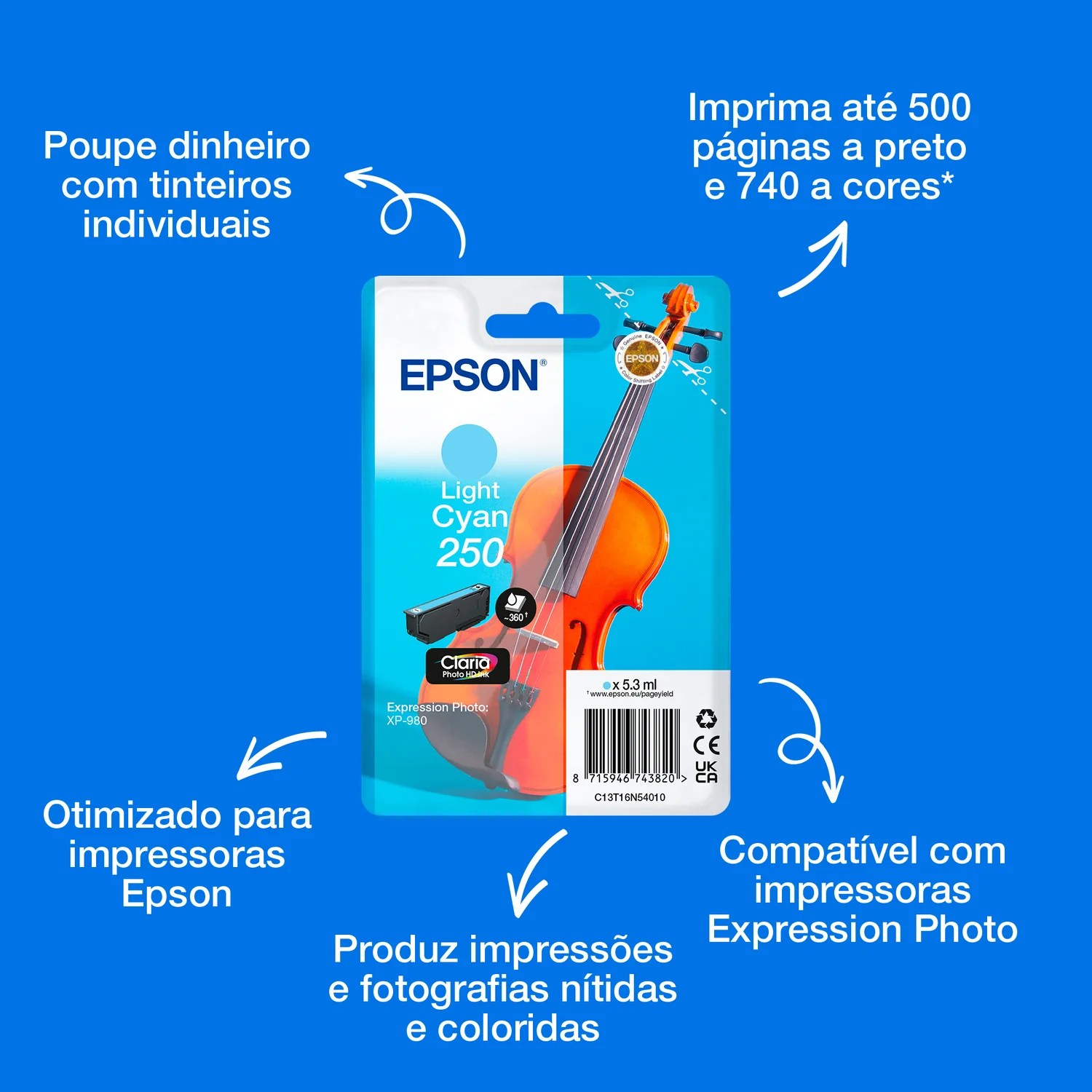 Tinteiro Epson 250 Violino Ciano Claro Singlepack Claria Photo HD Original - Imagem 2