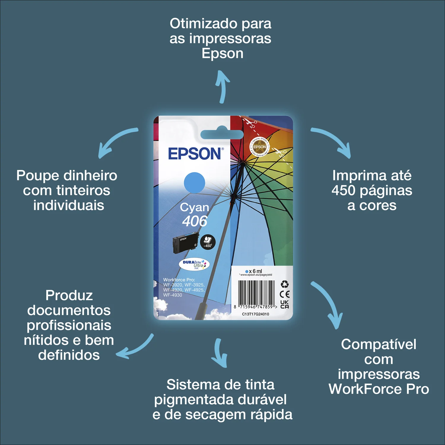 Tinteiro Epson 406 DURABrite Ultra Ciano 6ml 450 Páginas Original - Imagem 1