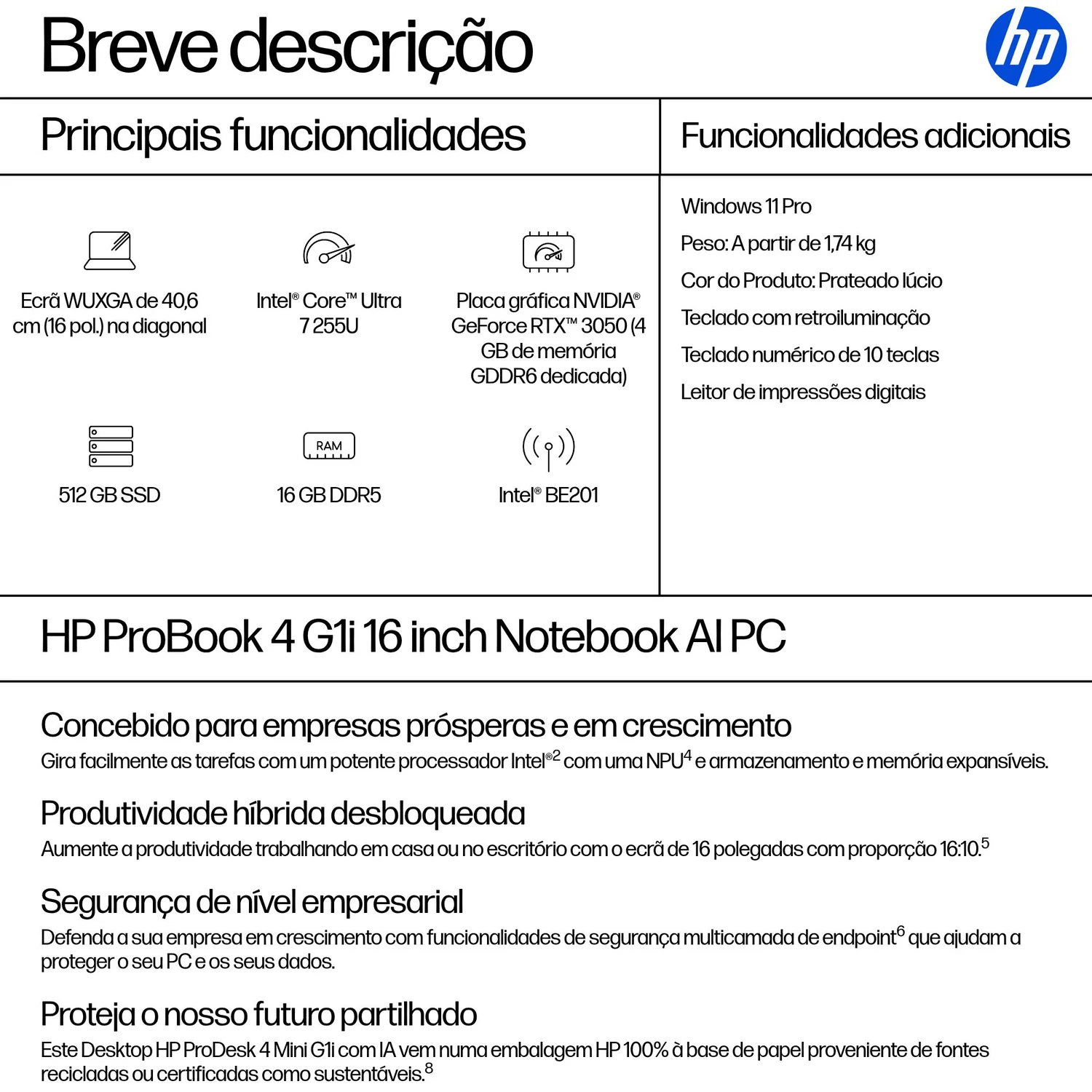 Portátil HP ProBook 4 G1i 16" Intel Core Ultra 7 255U 16GB 512GB SSD W11 Pro - Imagem 4