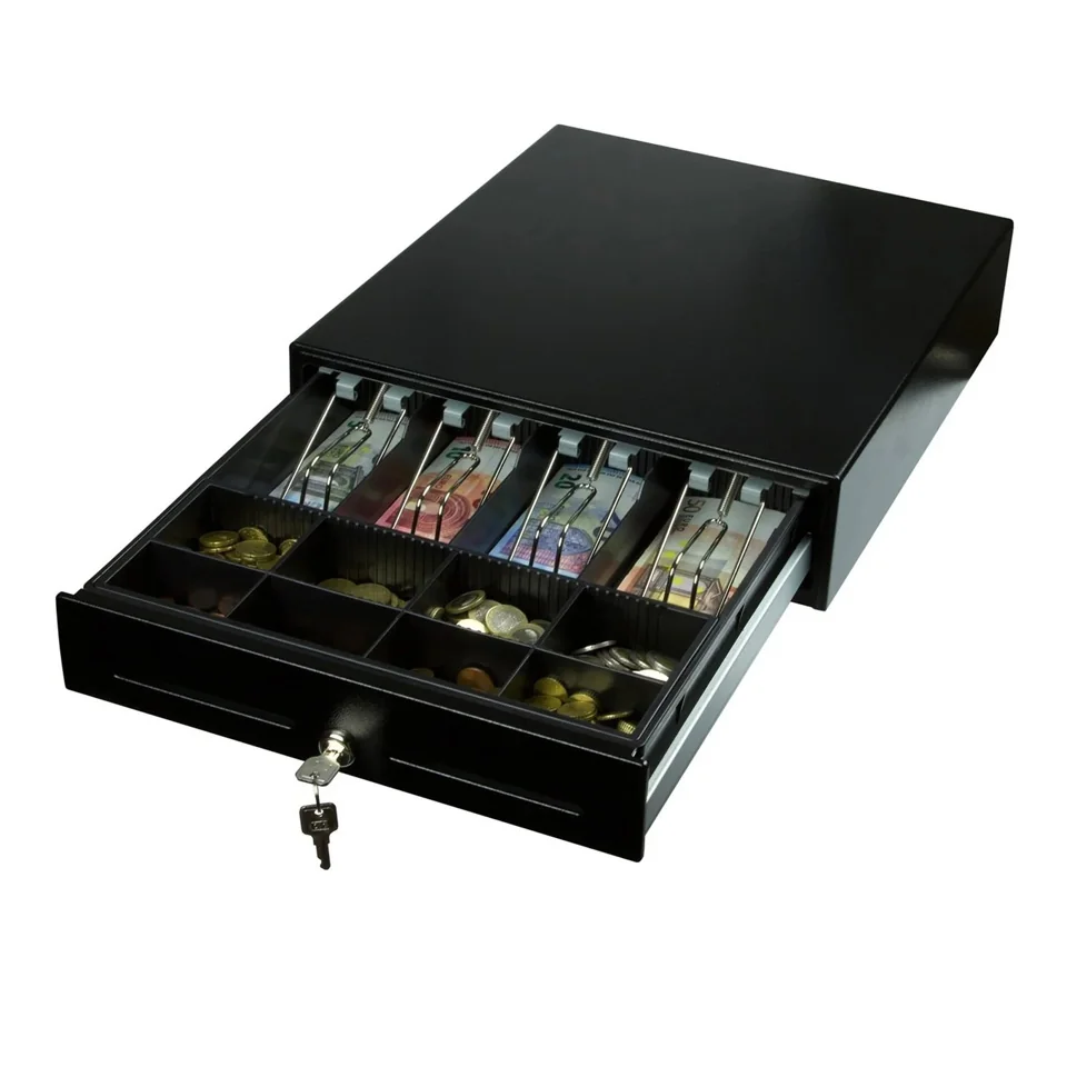 Gaveta de dinheiro metálica Birch D1L 41x42x10cm com 8 moedas e 4 notas ligação RJ11