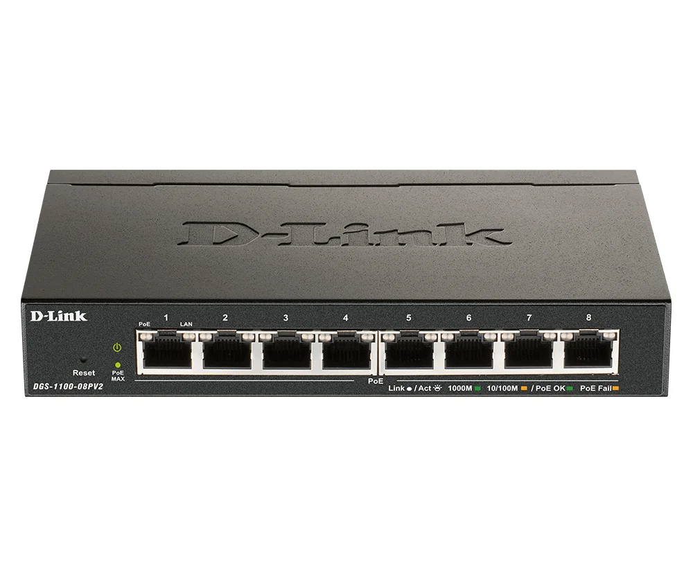 Switch de rede D-Link DGS-1100-08PV2 gerido 8 portas Gigabit PoE 64W