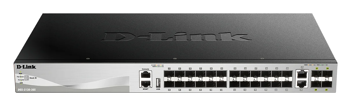Switch de Rede Gerido D-Link DGS-3130-30S/E L3 Stackable 24 SFP + 4 SFP+ 10G + 2 RJ-45 10G - Imagem 1