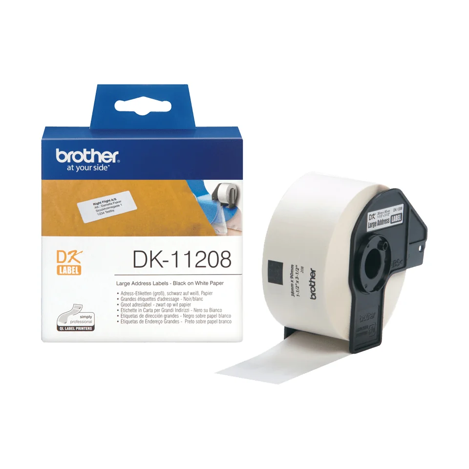 Etiquetas de endereço Brother DK-11208 38x90mm rolo 400 unidades preto sobre branco