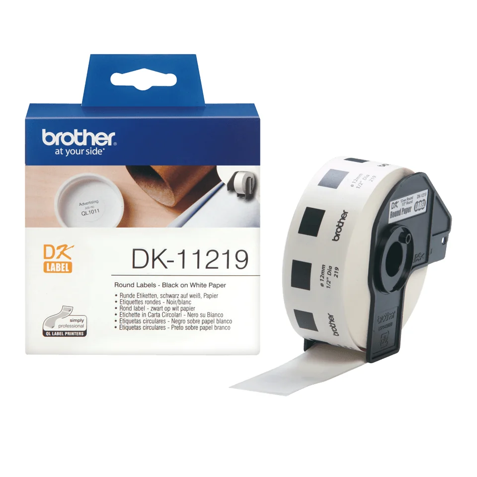 Rolo de etiquetas Brother DK-11219 circulares 12mm 1200un brancas