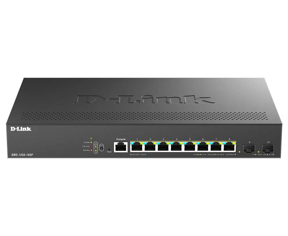 Switch de rede D-Link DMS-1250-10SP/E Smart Managed PoE+ 8 portas 2.5G + 2 SFP+ 10G