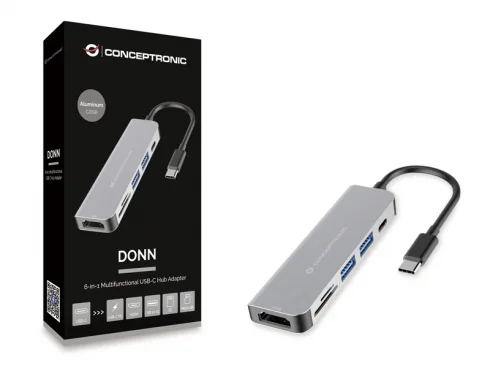 Hub adaptador USB-C 6 em 1 com HDMI, USB-A 3.0, USB-C PD 60W e leitor de cartões Conceptronic DONN02G - Imagem 2