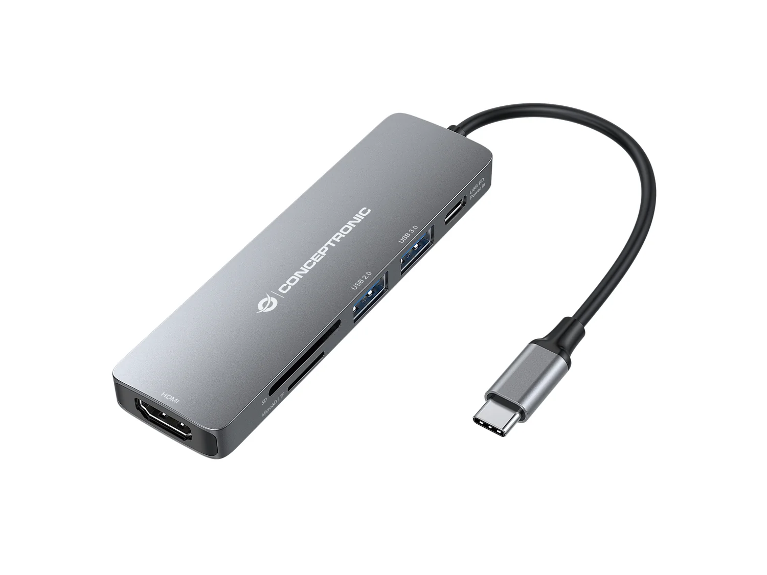 Hub USB-C 6-em-1 Conceptronic DONN11G HDMI 4K, PD 100W, USB 3.0, Leitor SD/MicroSD