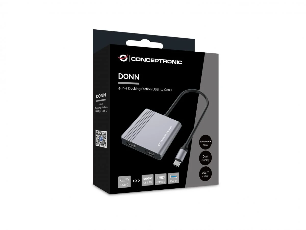 Docking station USB-C 4 em 1 com 2x HDMI 4K, USB 3.0 e Power Delivery 100W Conceptronic DONN13G - Imagem 5