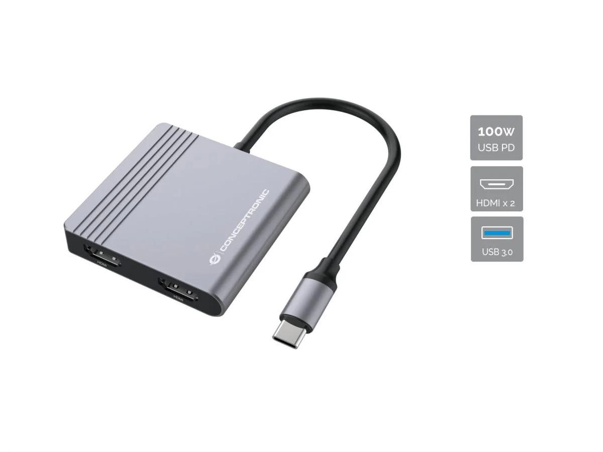 Docking station USB-C 4 em 1 com 2x HDMI 4K, USB 3.0 e Power Delivery 100W Conceptronic DONN13G