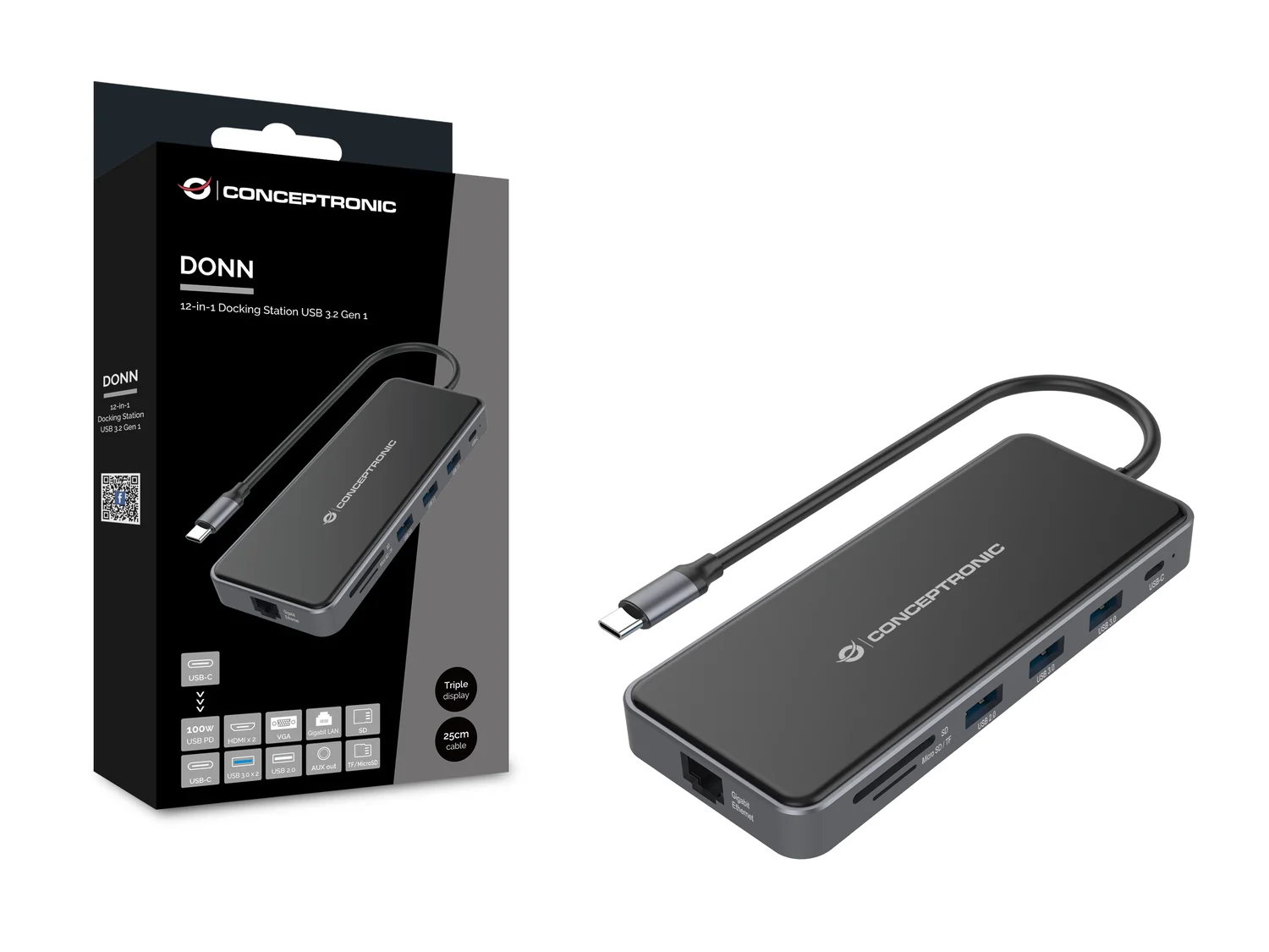 Docking Station Conceptronic Donn 12-em-1 USB-C 3.2 Gen 1 HDMI Dual VGA 4K PD 100W Cinzento - Imagem 2
