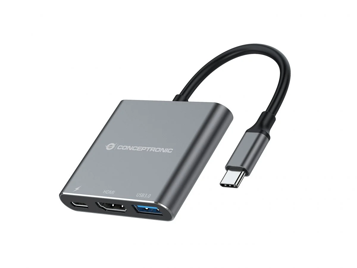 Docking Station USB-C Conceptronic DONN18G 3-em-1 HDMI 4K USB 3.0 PD 100W