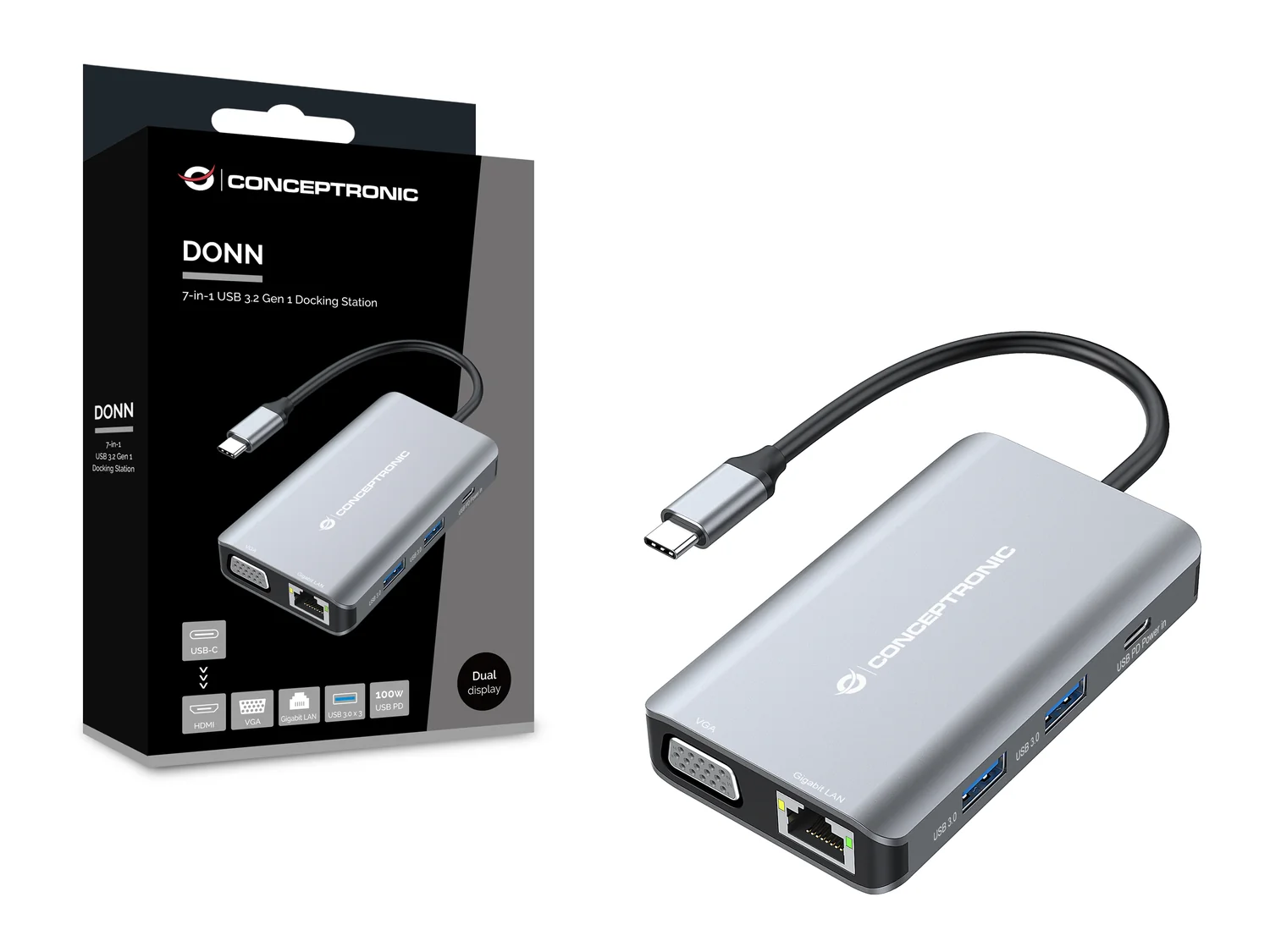 Docking Station USB-C Conceptronic DONN21G 7-em-1 HDMI VGA Ethernet 100W - Imagem 3
