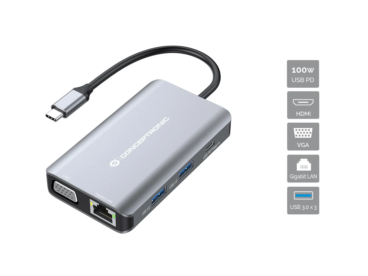 Docking Station USB-C Conceptronic DONN21G 7-em-1 HDMI VGA Ethernet 100W - Imagem 1
