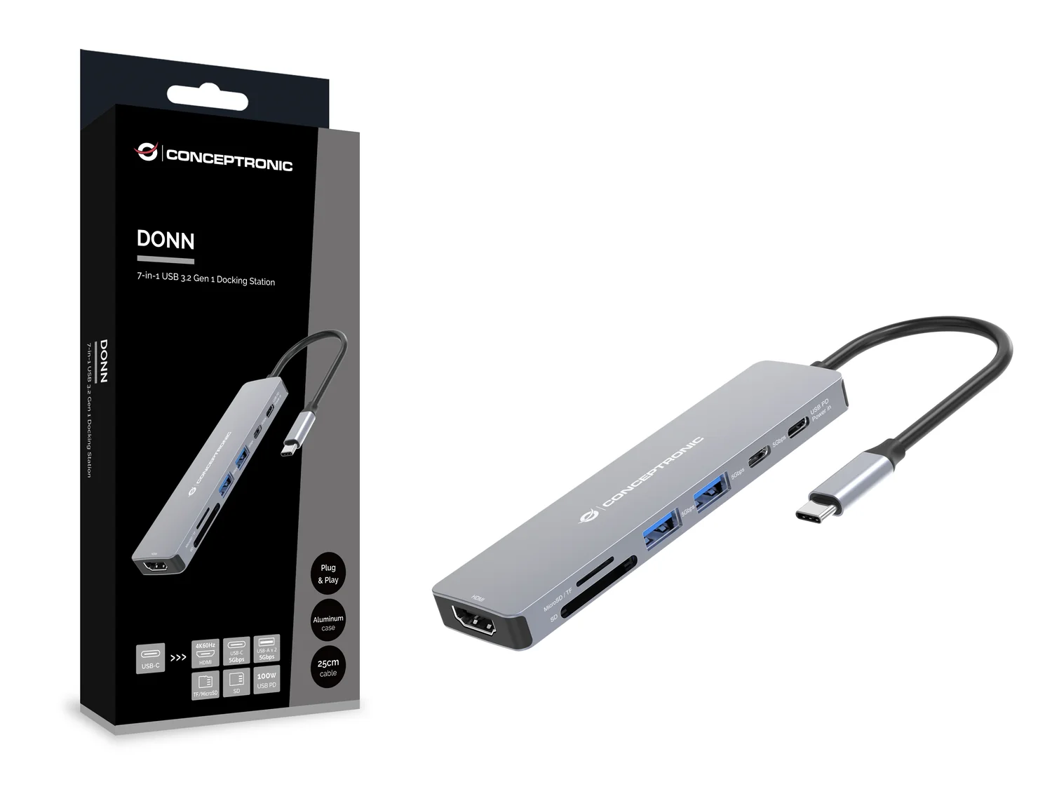 Docking Station 7-em-1 USB-C 3.2 Gen 1 com HDMI 4K60Hz e USB PD 100W Conceptronic DONN28G Cinzento - Imagem 5