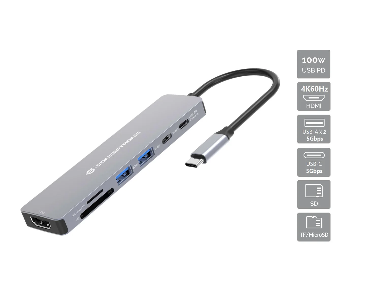 Docking Station 7-em-1 USB-C 3.2 Gen 1 com HDMI 4K60Hz e USB PD 100W Conceptronic DONN28G Cinzento - Imagem 1