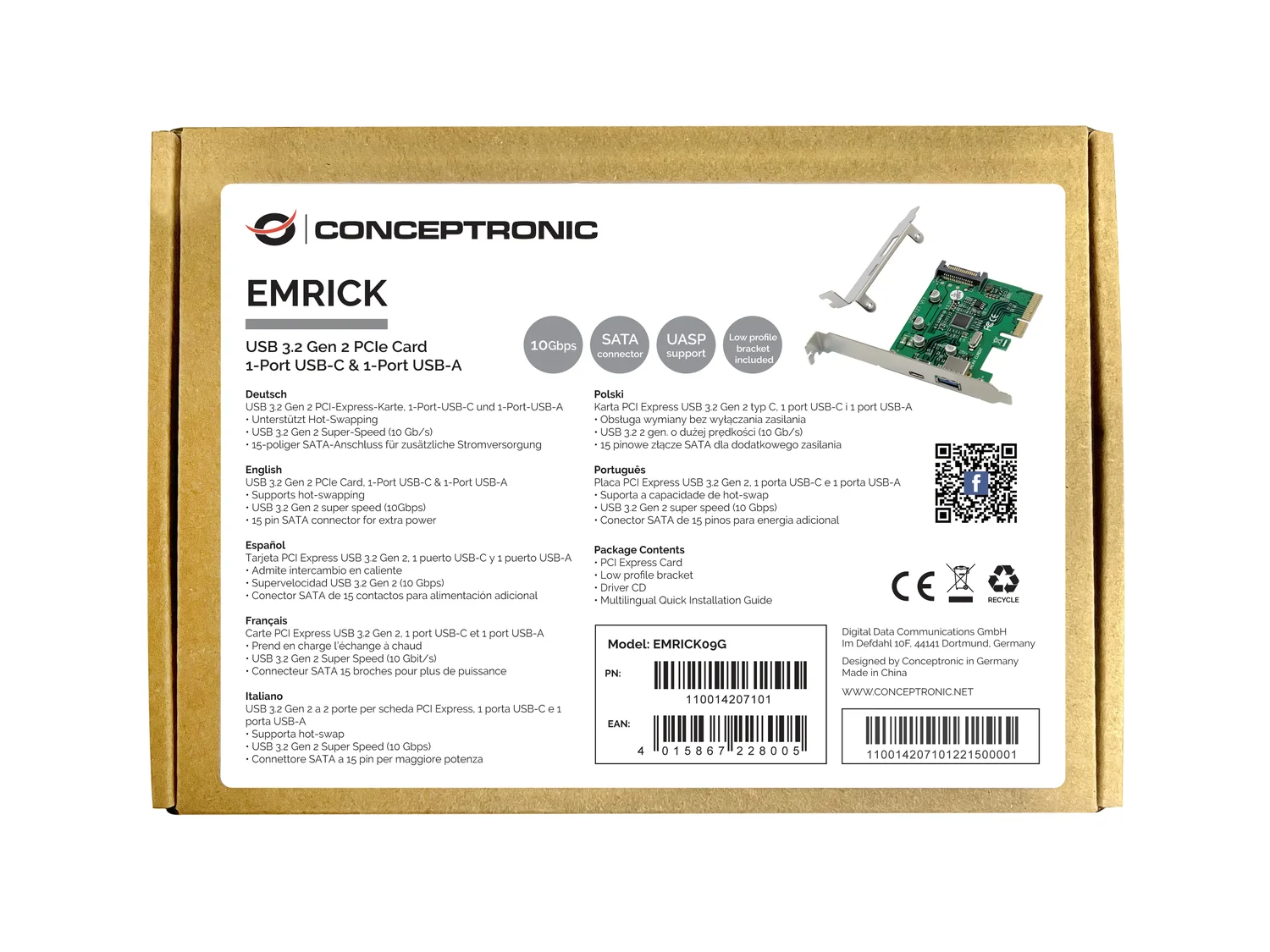 Placa PCIe USB 3.2 Gen 2 Conceptronic EMRICK09G 1x USB-C + 1x USB-A 10Gbps - Imagem 2