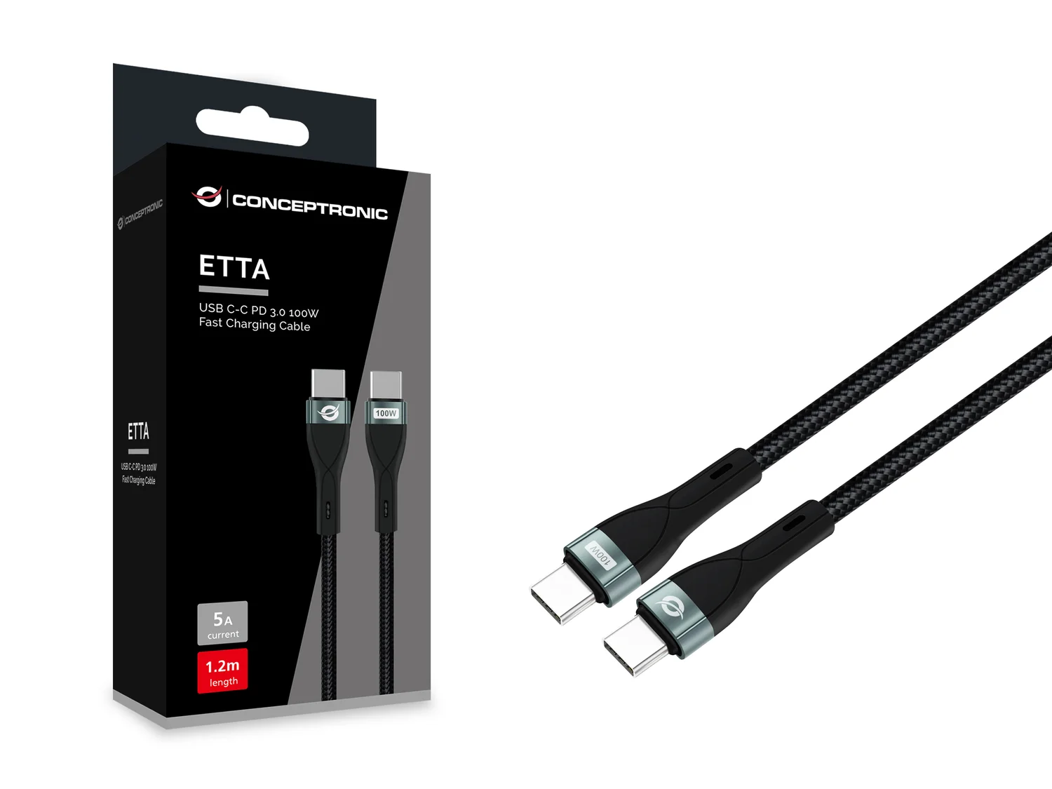 Cabo USB-C para USB-C Conceptronic ETTA01B12 PD 3.0 100W 1,2m E-Mark Preto - Imagem 3