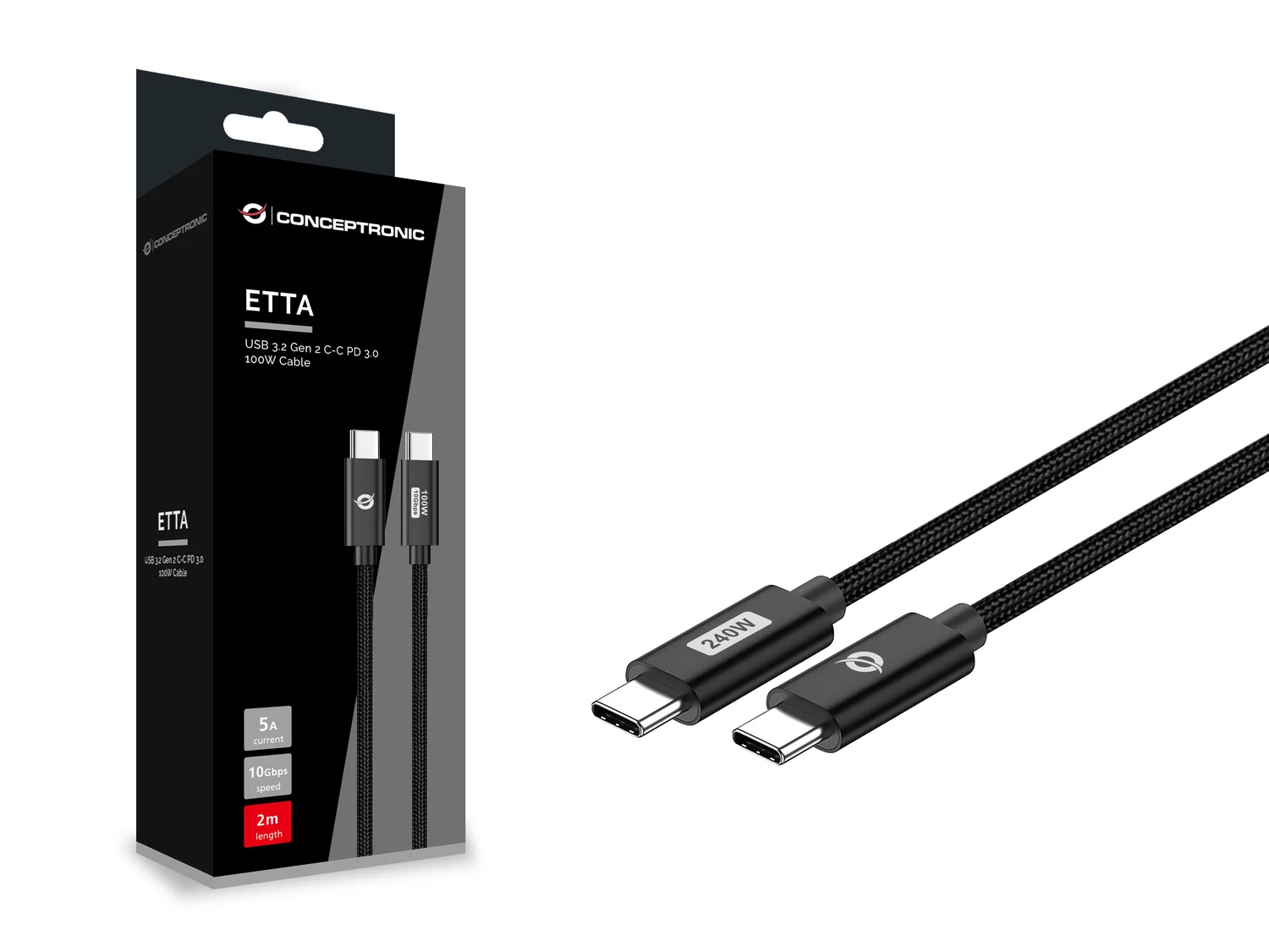 Cabo USB-C para USB-C carregamento rápido 240W PD 3.1 E-Mark 1,2m trançado Conceptronic ETTA03B12 - Imagem 3