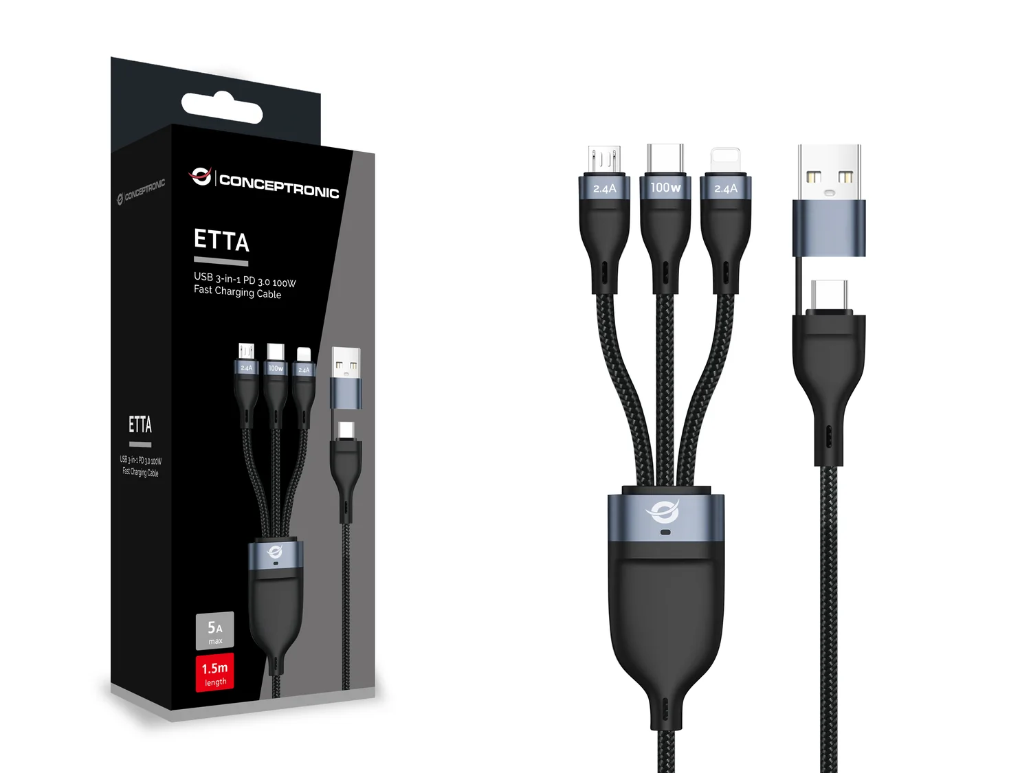 Cabo USB 3-em-1 Conceptronic ETTA06B15 USB-C/Micro-USB/Lightning PD 3.0 100W 1,5m - Imagem 2