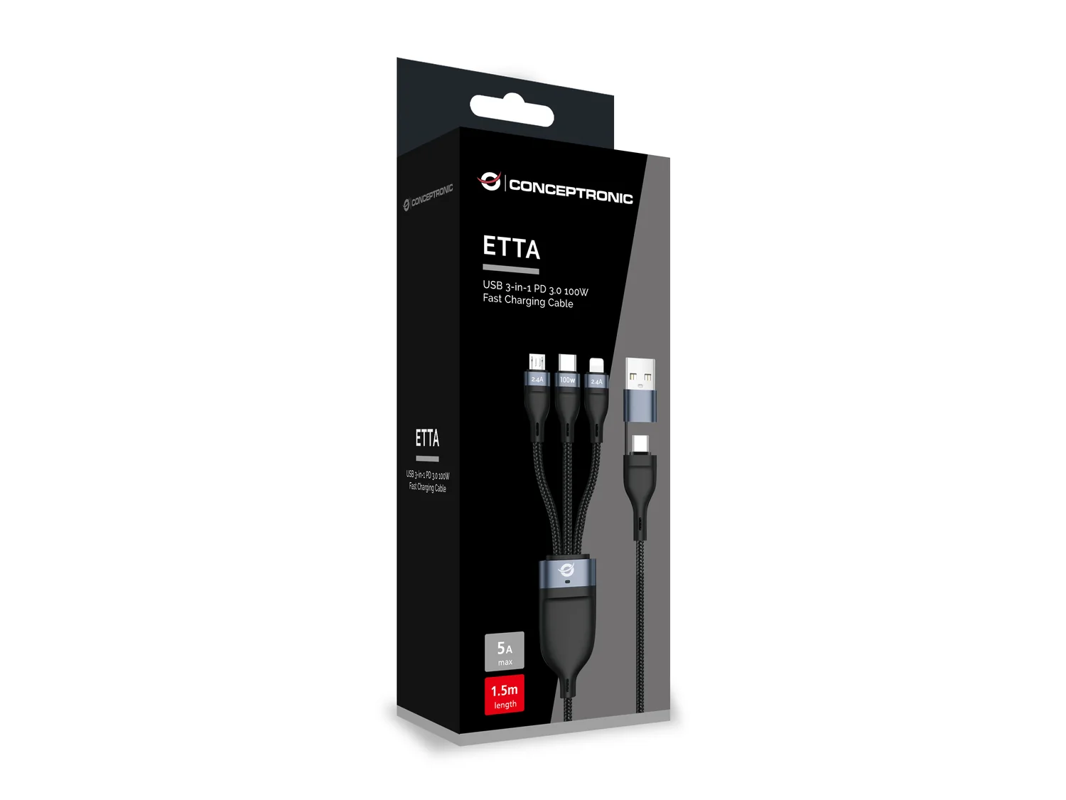 Cabo USB 3-em-1 Conceptronic ETTA06B15 USB-C/Micro-USB/Lightning PD 3.0 100W 1,5m - Imagem 3